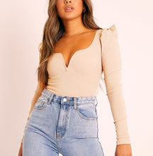 Load image into Gallery viewer, Deep V Pointy Shoulder Long Sleeve Ribbed Bodysuit