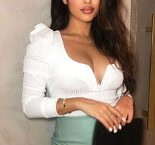 Load image into Gallery viewer, Deep V Pointy Shoulder Long Sleeve Ribbed Bodysuit