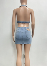 Load image into Gallery viewer, Denim Diva Halter Top &amp; Mini Skirt Set
