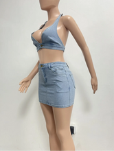 Load image into Gallery viewer, Denim Diva Halter Top &amp; Mini Skirt Set
