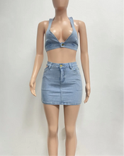 Load image into Gallery viewer, Denim Diva Halter Top &amp; Mini Skirt Set
