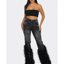 Load image into Gallery viewer, Viva LaFlare Feather Trimmed Denim Jeans
